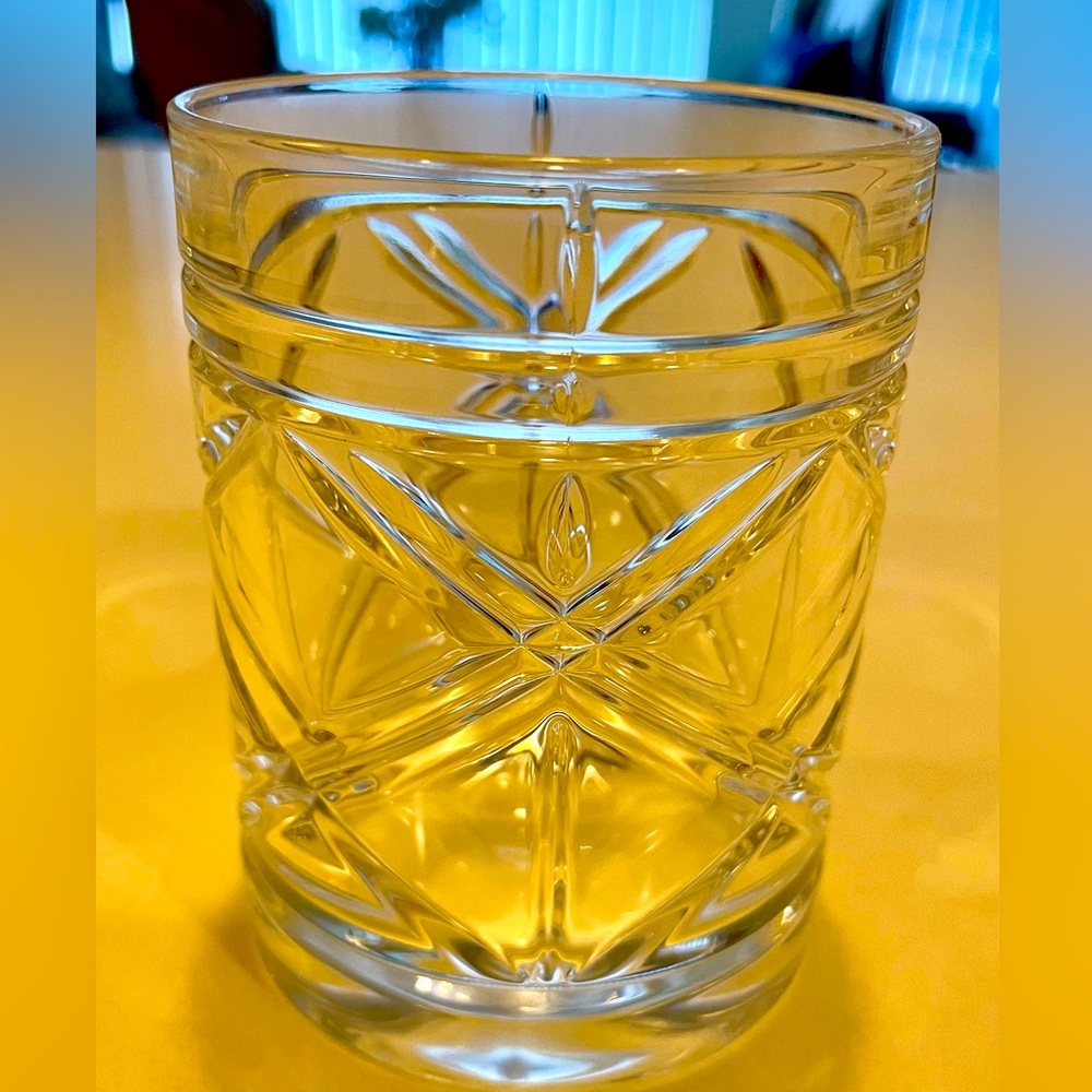 Ralph Lauren old-fashioned, crystal drink glasses.